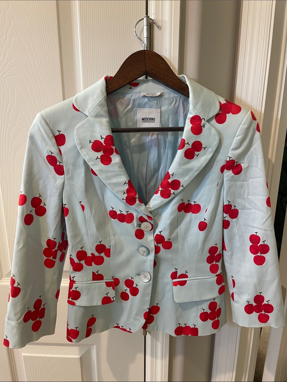 Moschino Light Blue Blazer with Red Cherry Print
